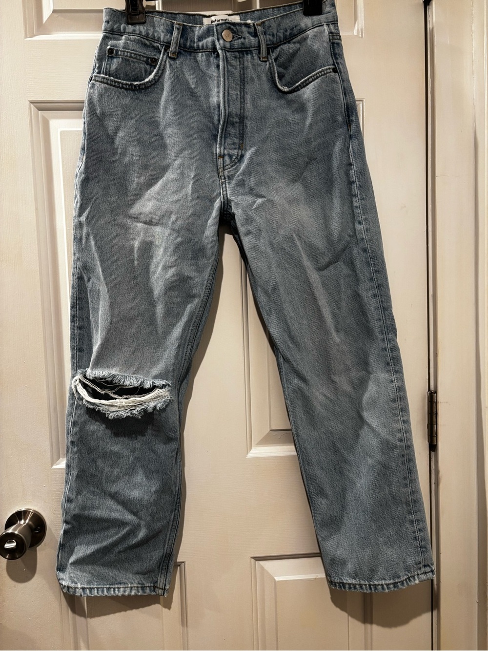 Reformation High Rise Straight Jeans in Tahoe Destroyed